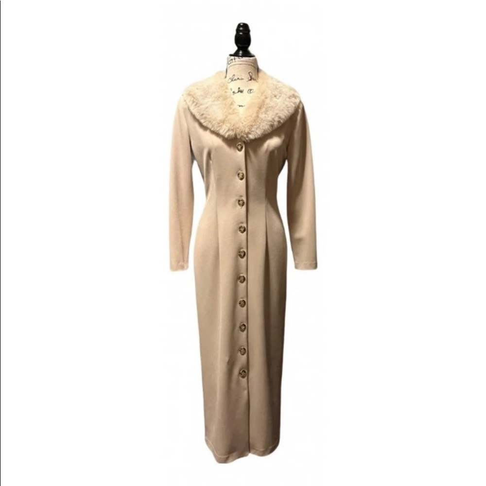 Camel colored size 6 gown with detachable fur collar.